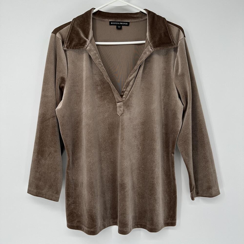 Boston Proper Womens LARGE Brown Velour Tunic Top Y2K Johnny Collar Old Money